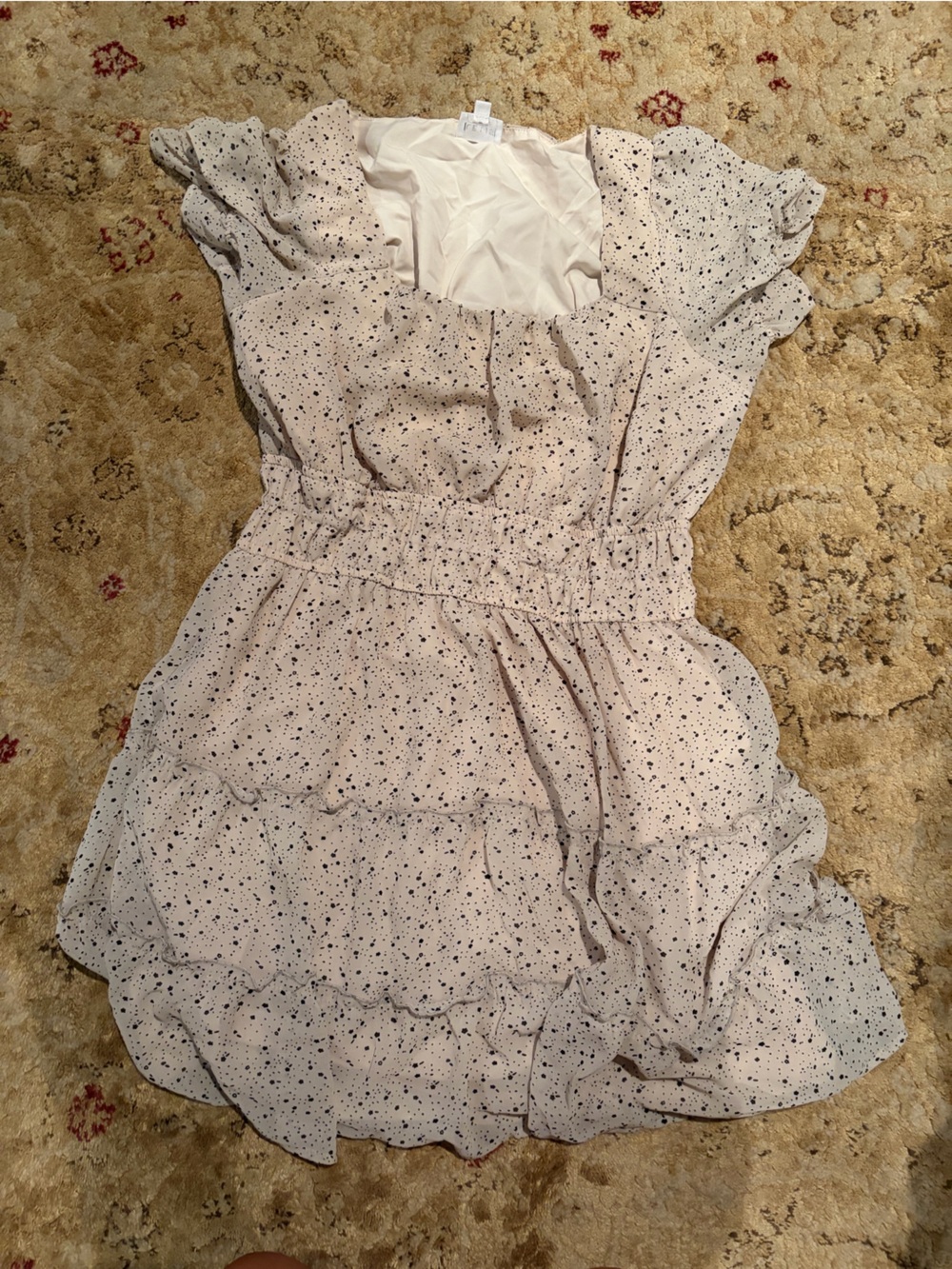 EUC Le Lis Cream Dress with Black Dot Print size Large business casual boho